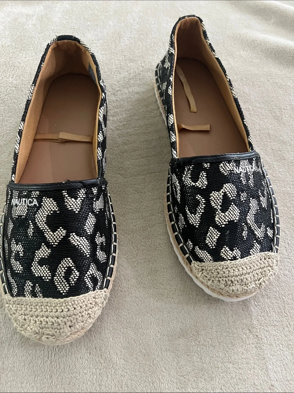 Nautica Black and Cream Leopard-Print Espadrille Slip-Ons